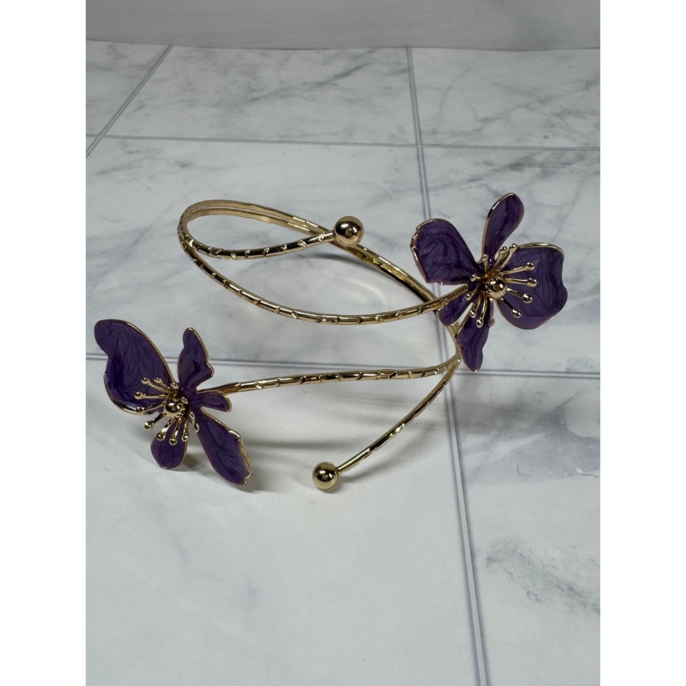 Purple Enamel Floral Double-Ended Gold Tone Arm Cuff Bangle For Women New